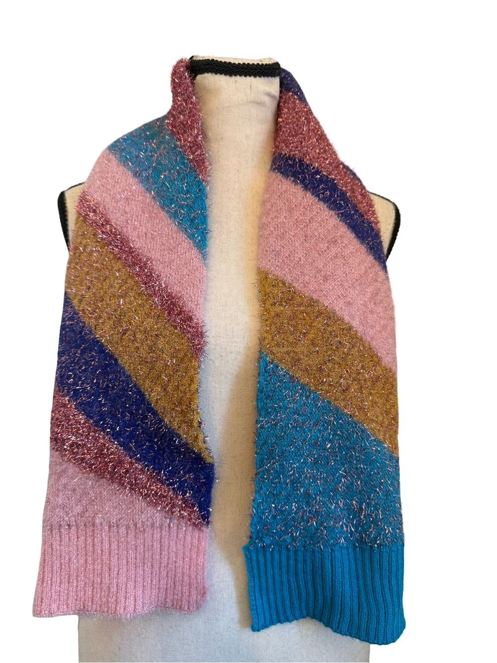 Sparkly Colorblock Knit Scarf Pink Teal Gold Metallic Stripe OSFM Cozy